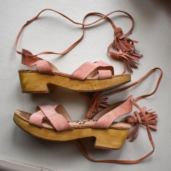 Peach Pink Sam Edelman Platform Sandals Tie Size 7 - Picture 1 of 8